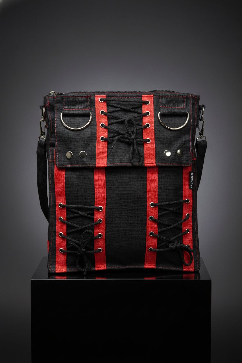Detailed view of Gravity Threads red corset purse highlighting lacing and stitching.
