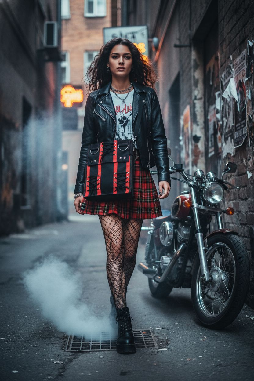 A close-up of Gravity Threads women's red corset purse in a vibrant urban setting.