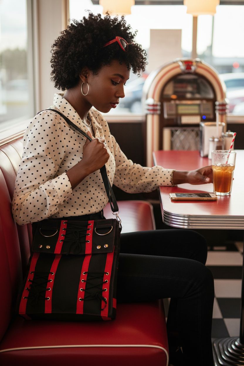 Gravity Threads red corset bag on a retro diner table, perfect for casual outings.
