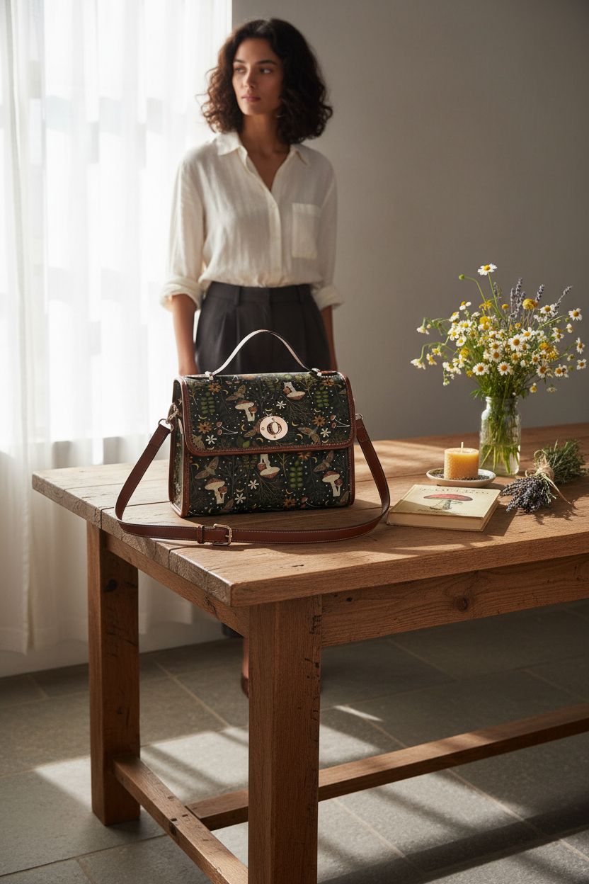Cottagecore Witchy Satchel Purse resting next to wildflowers in a cozy kitchen nook - Generic