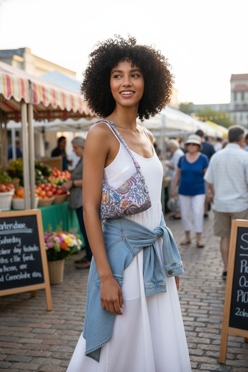 Vera Bradley Marrakesh print cotton handbag, stylishly carried in a sunny market setting