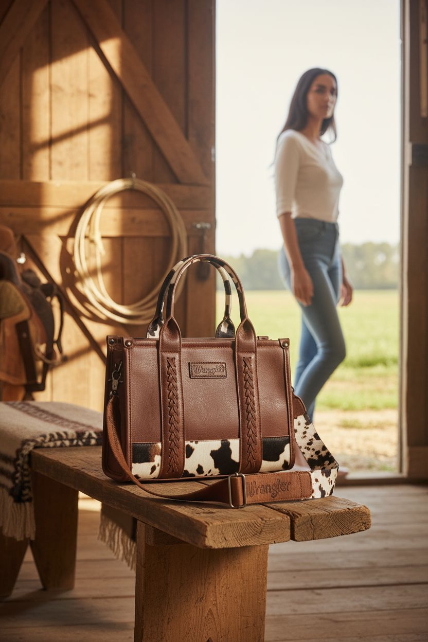 Wrangler tote bag resting on a wooden bench in a barn, surrounded by rustic decor and a cozy atmosphere.