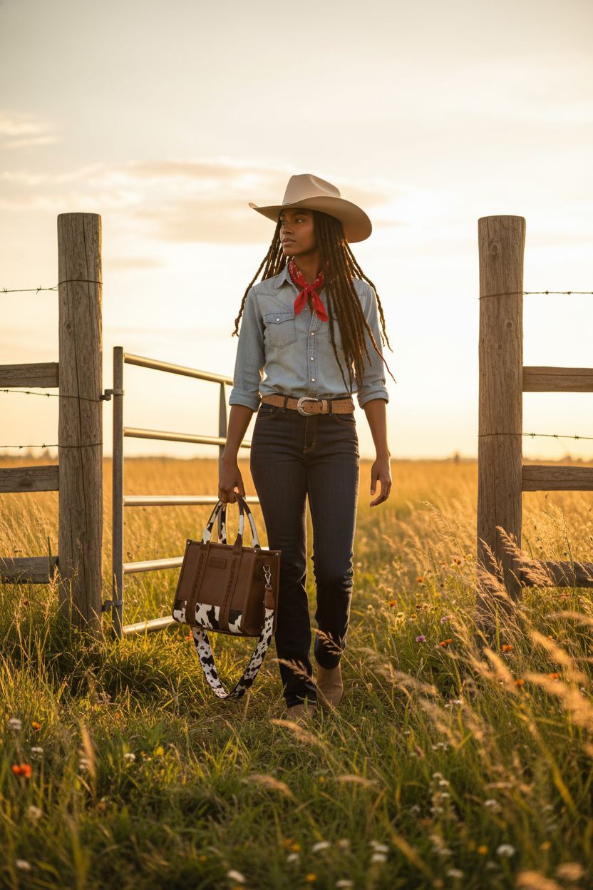 Cow print Wrangler tote bag held at a ranch gate during golden hour, showcasing style and versatility.