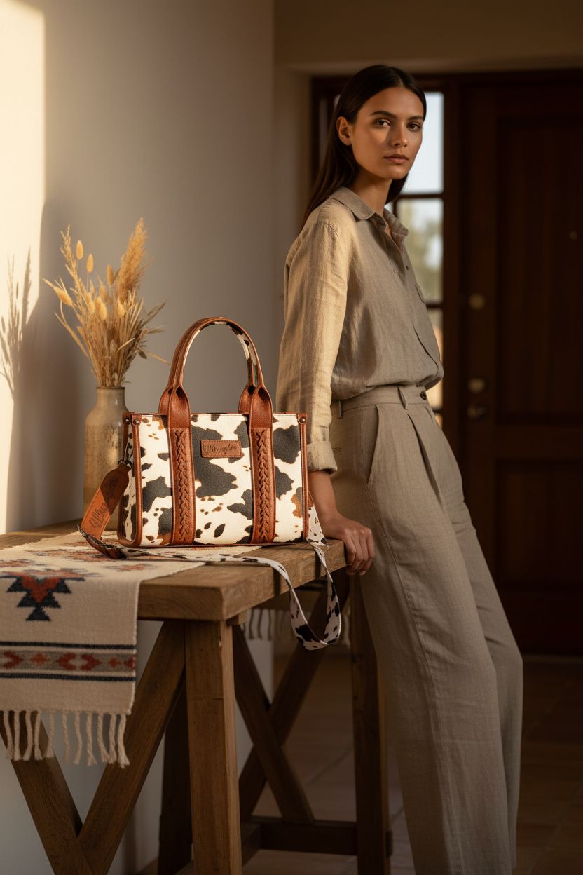 Wrangler cow print tote bag resting on a rustic wooden table, adding a cozy touch to the decor.