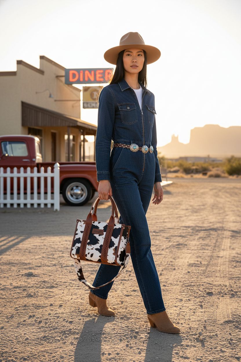 Wrangler cow print tote bag swung by top handles, contrasting with denim jumpsuit for a chic look.