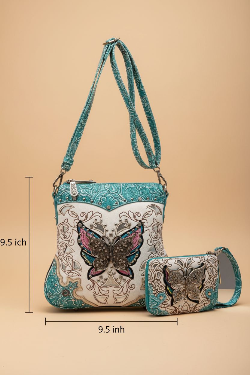 Teal Cowgirl Trendy purse and mini wallet set, highlighting intricate details and quality materials.