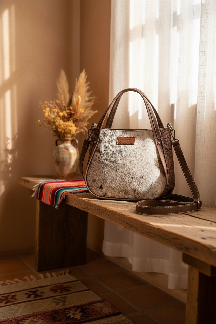 Cozy ranch-house setting featuring Montana West cowhide purse with a touch of serape