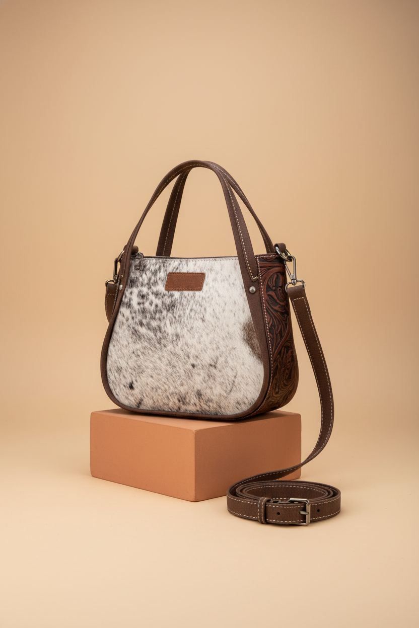 Montana West cowhide purse showcased on a clean studio set, highlighting its design