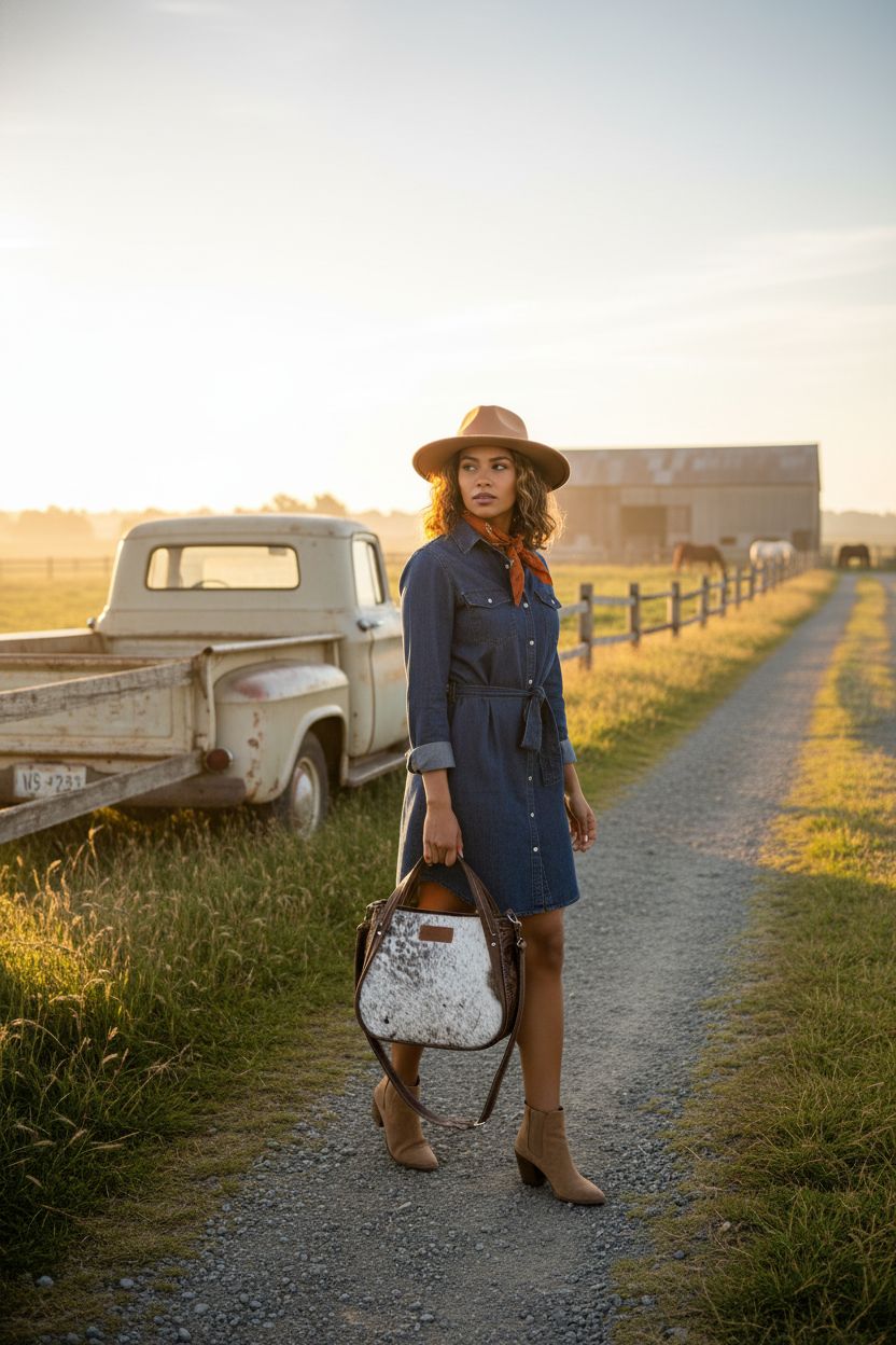 White and gray cowhide purse with floral trim by Montana West in a rustic outdoor setting