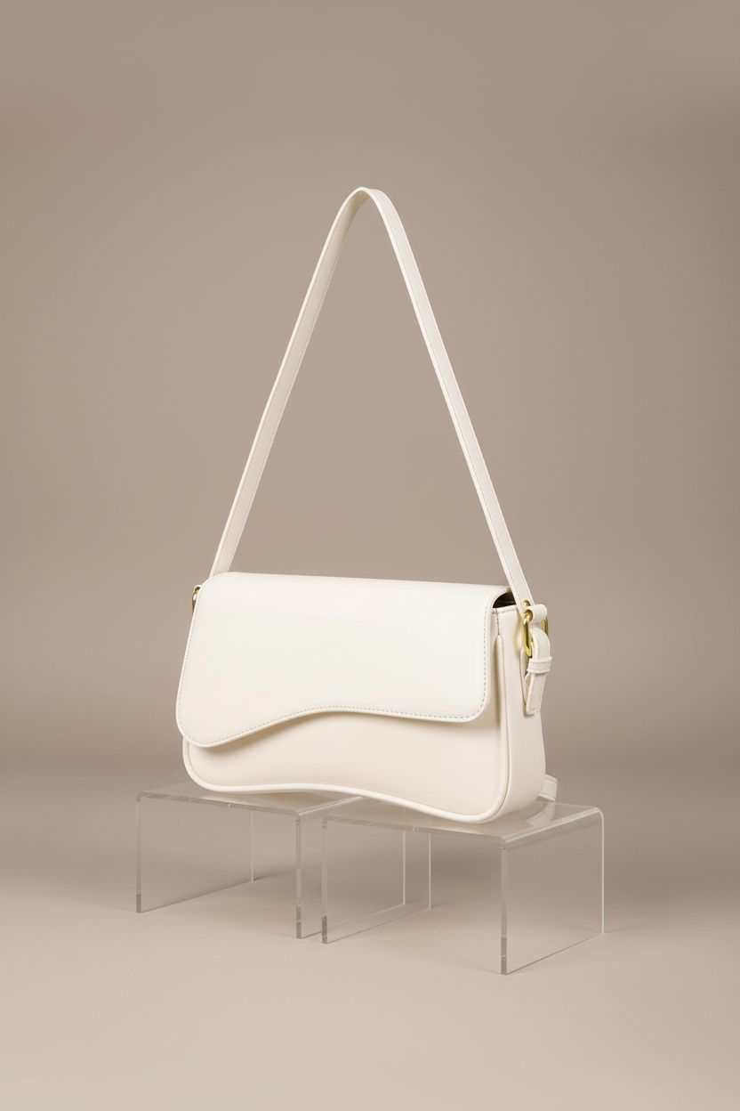 Product shot of Amszke cream shoulder bag highlighting its sleek design and premium materials.