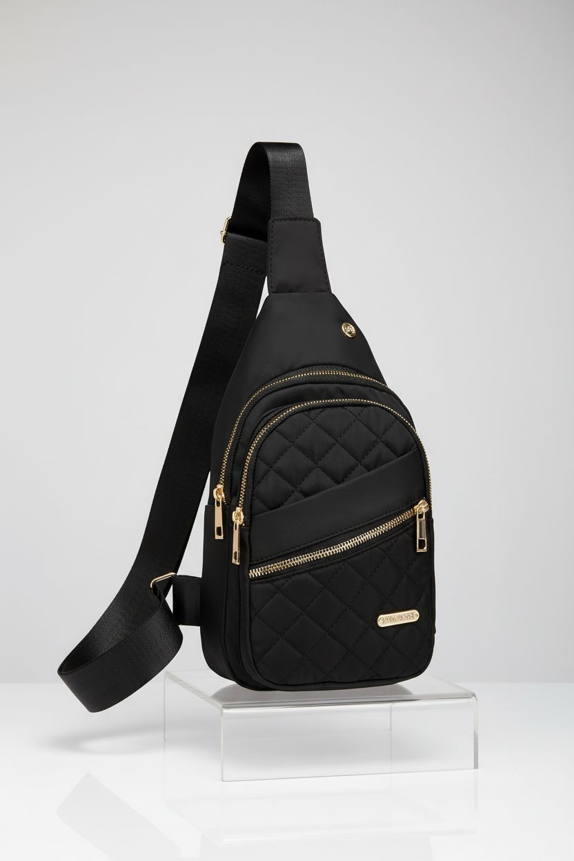 AOSTIHOT crossbody bag showcased in a studio, highlighting its quilted design and gold accents