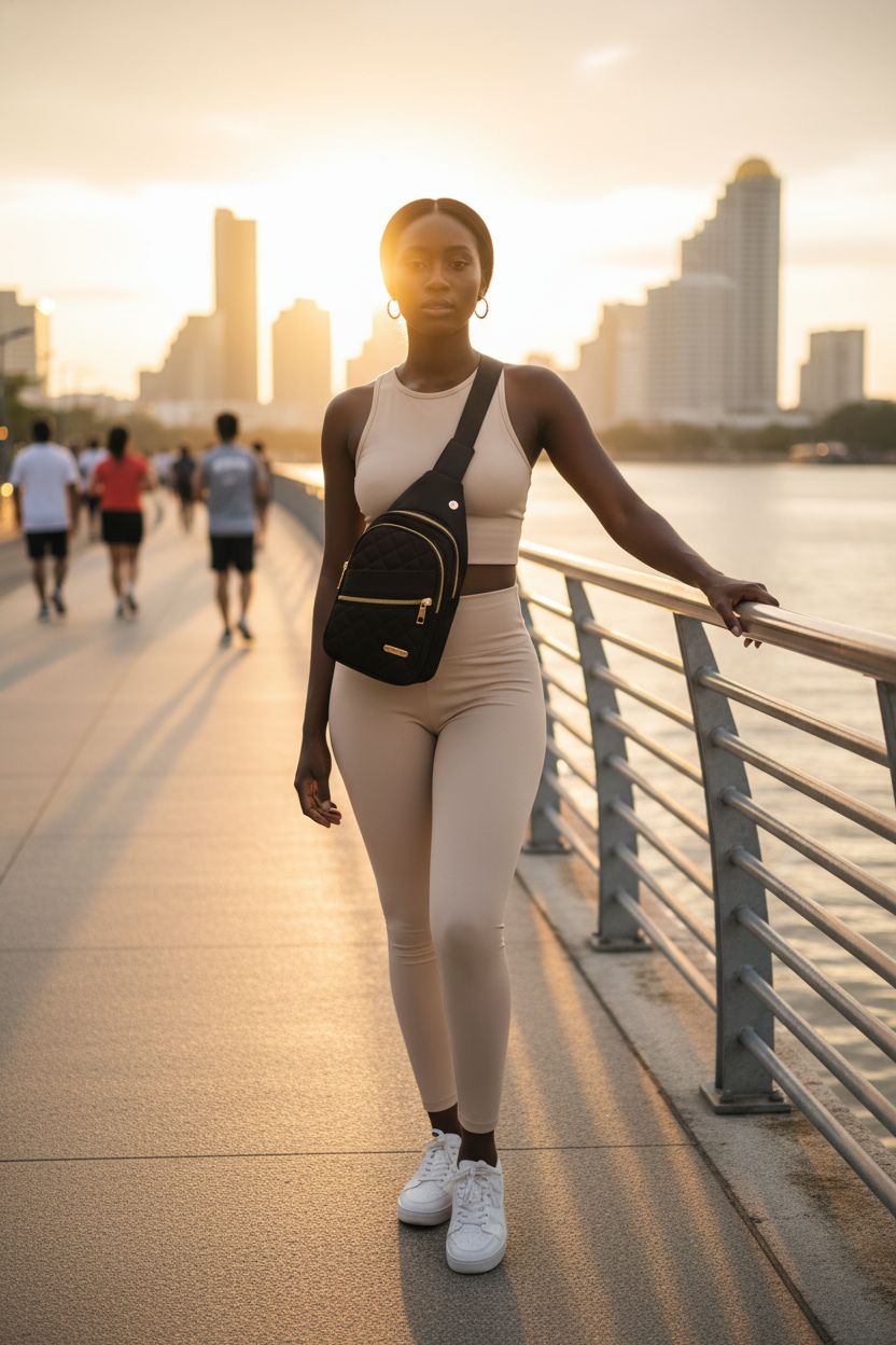 AOSTIHOT black quilted nylon crossbody bag against a riverside path, ideal for hands-free travel