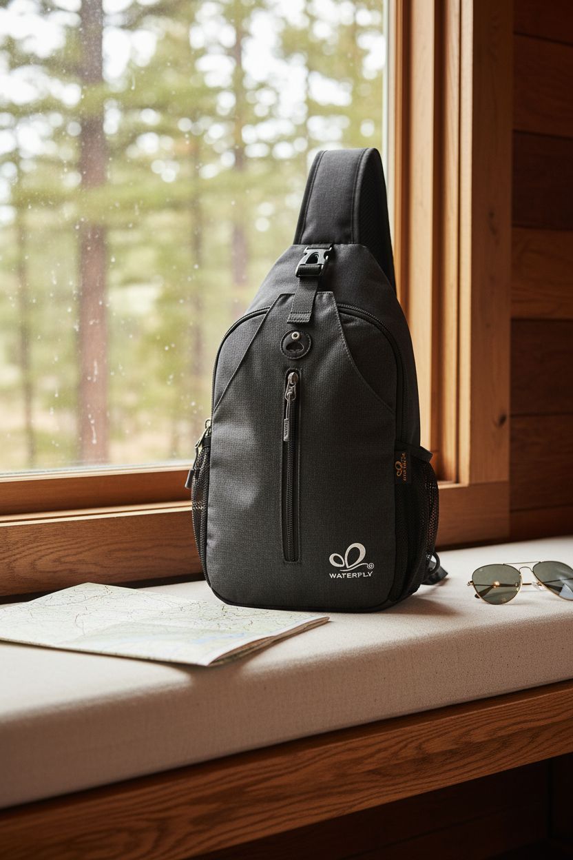WATERFLY black crossbody bag resting on a cozy cabin bench with a topo map, evoking adventure.