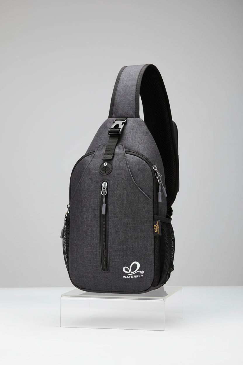 WATERFLY black crossbody sling bag on a gray backdrop, highlighting its craftsmanship and features.