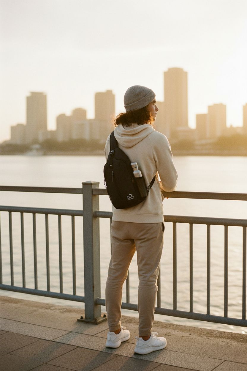 WATERFLY black crossbody sling bag on a riverwalk during golden hour, showcasing sleek design.