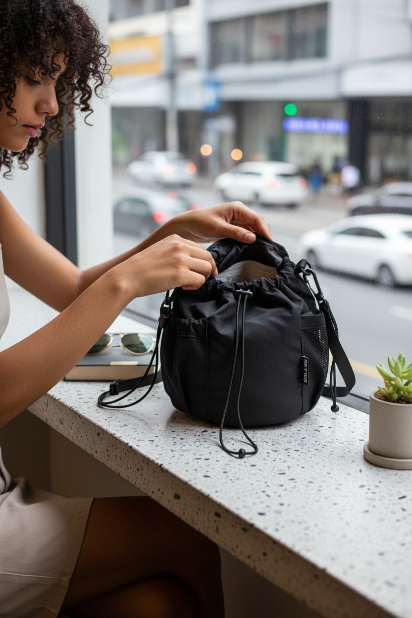 TWOYOMN black drawstring bag in cozy café, showcasing organized compartments and stylish design.