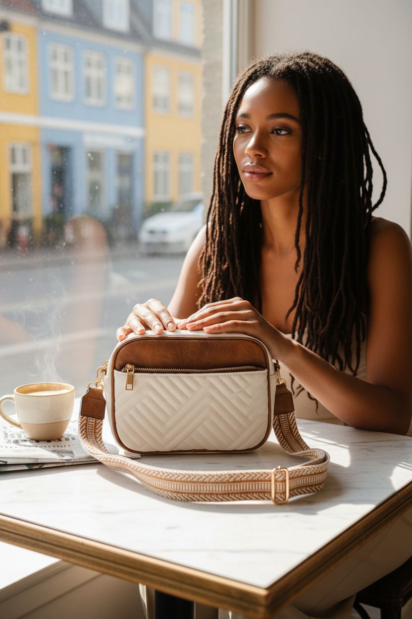 BOSTANTEN quilted crossbody purse resting on a marble table, hinting at its stylish interior.