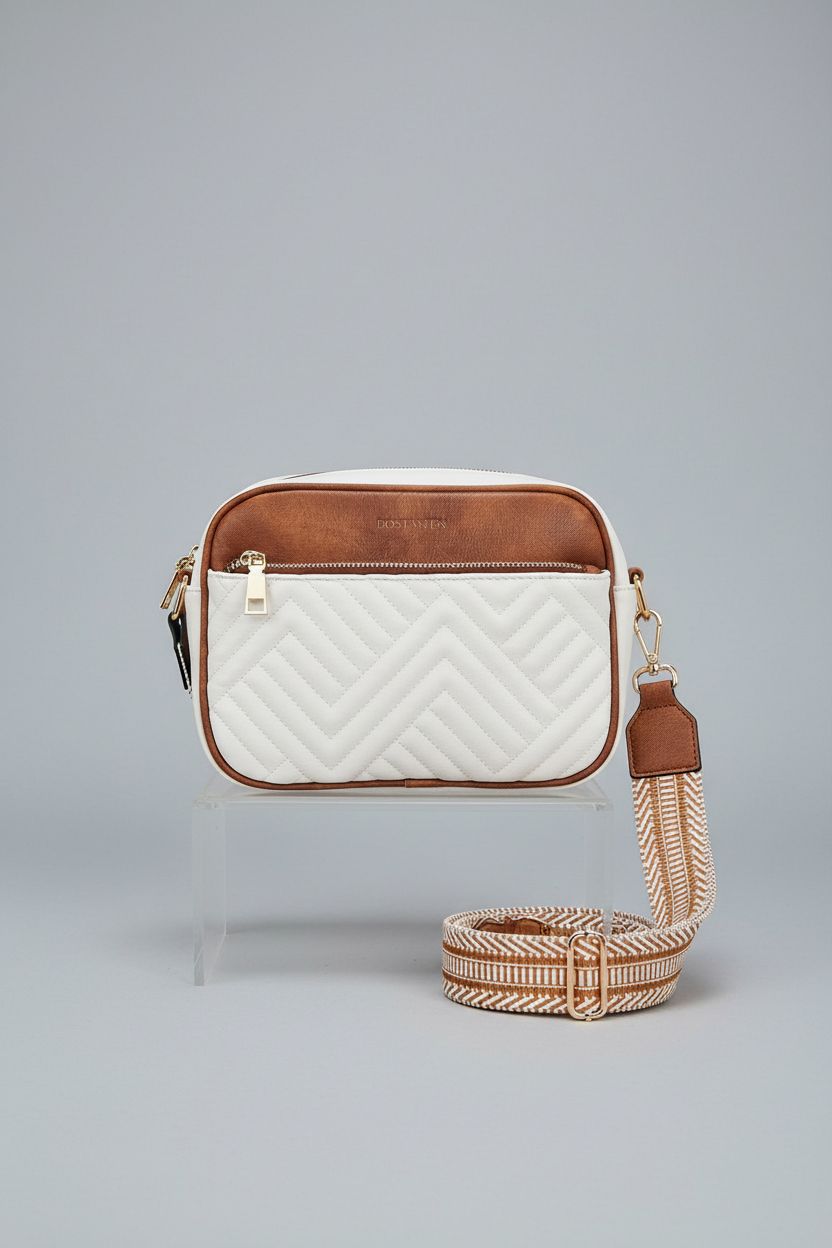 BOSTANTEN quilted crossbody bag showcased on a gray background, highlighting its design and details.