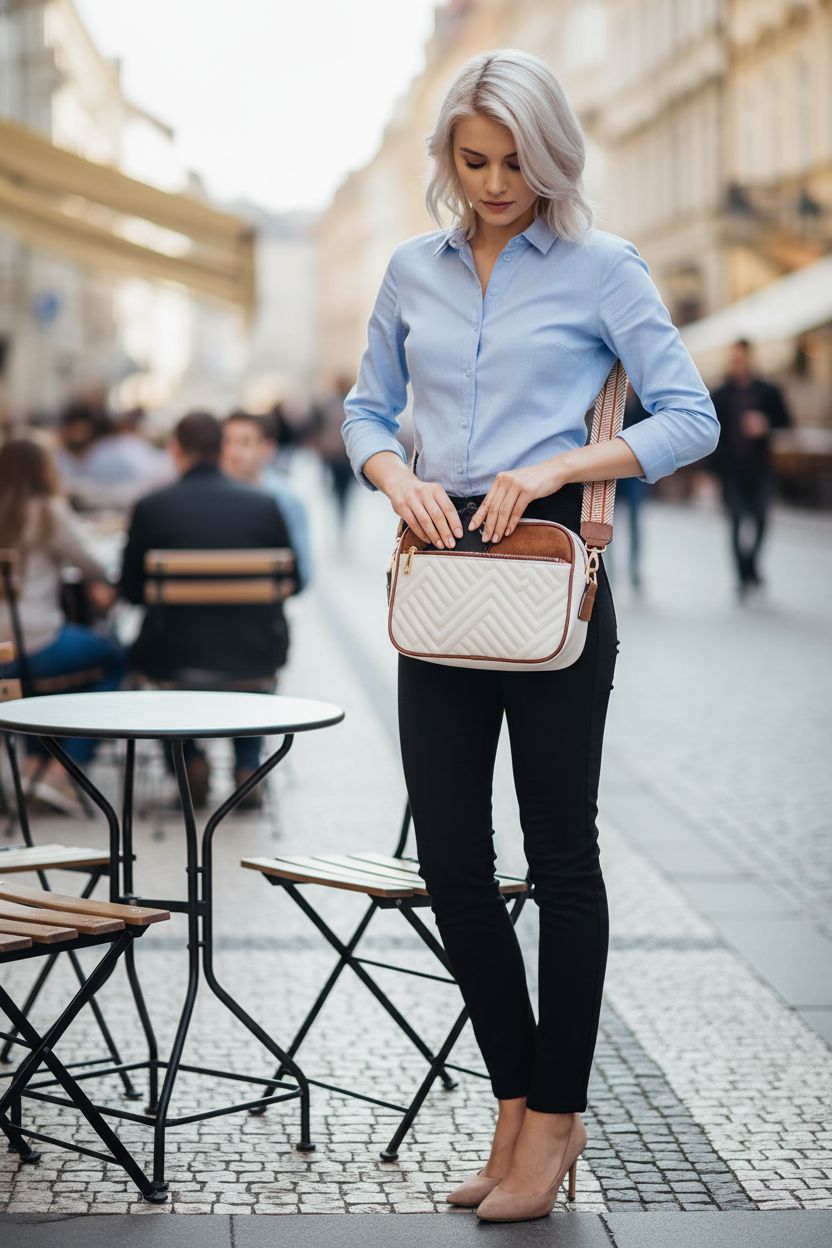 BOSTANTEN quilted crossbody purse in beige and brown with a wide strap, stylishly placed beside a bistro table.