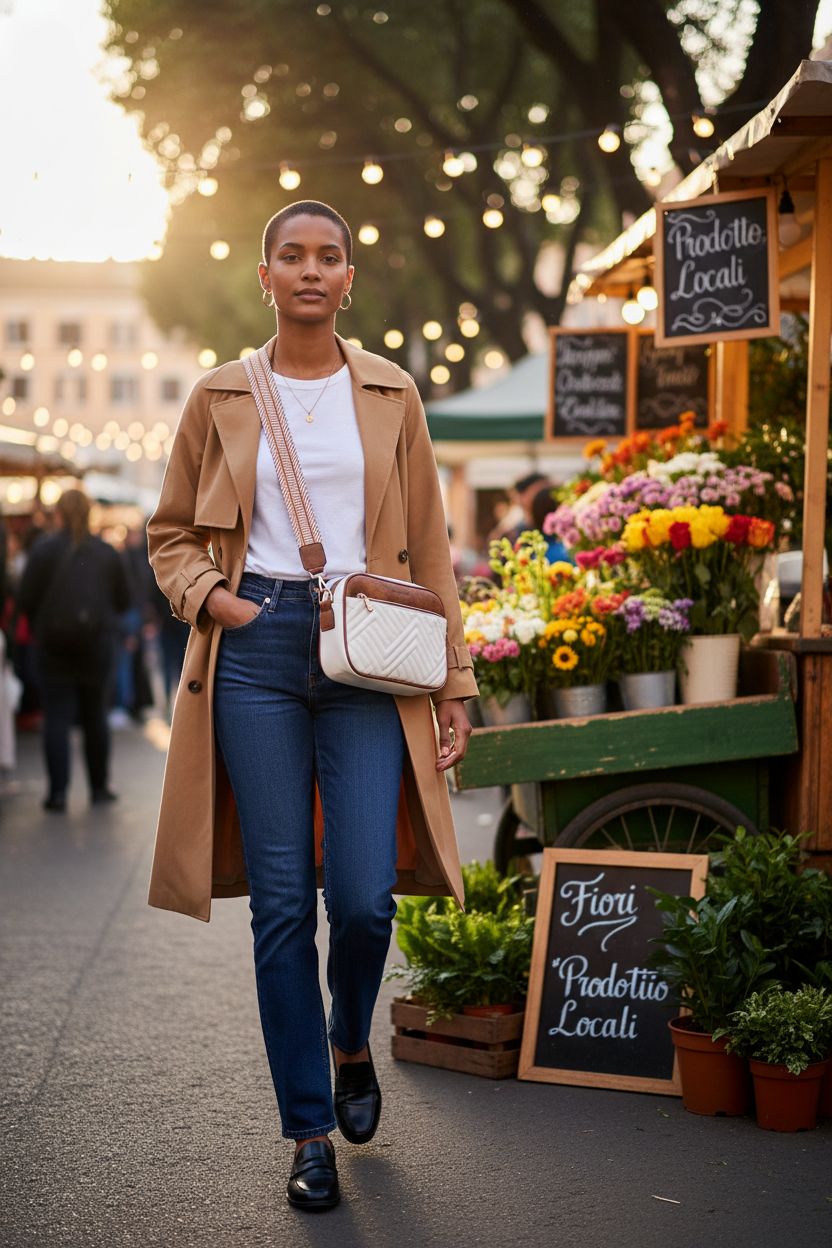BOSTANTEN beige quilted crossbody bag with brown trim, worn casually at a vibrant market.