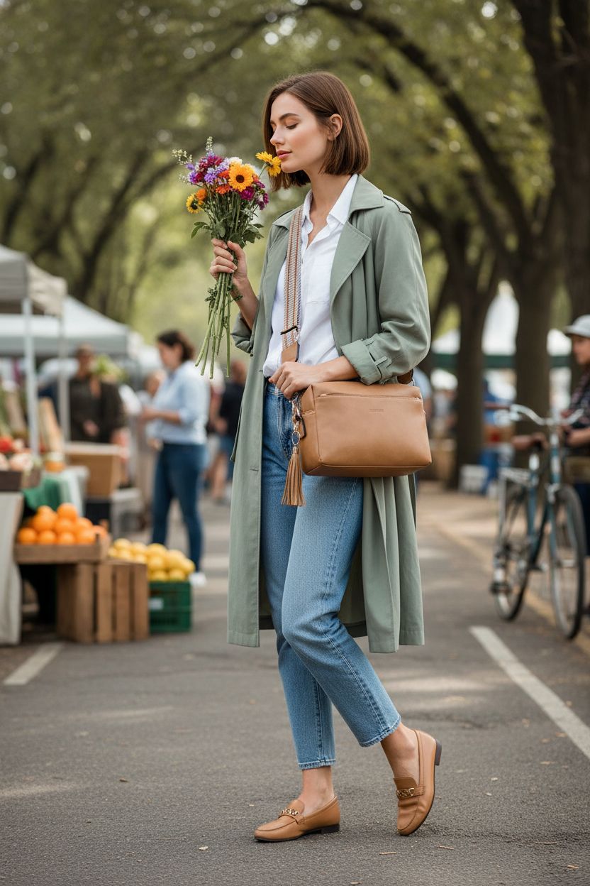 Roulens Crossbody Bag with bold patterned strap at a farmers market