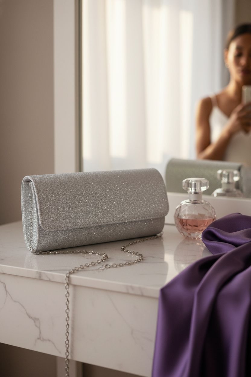 lovyoCoCo evening clutch on marble vanity, a chic accessory for formal occasions