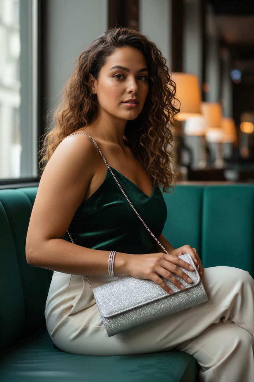 lovyoCoCo sparkling evening bag clutch on velvet lap, perfect for elegant events