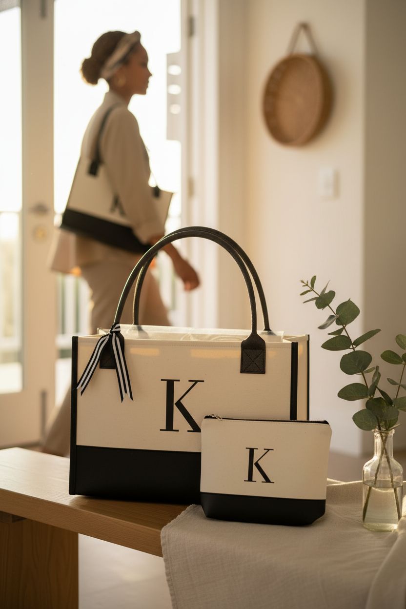 OATALY Monogrammed Canvas Tote and pouch on a sunlit bench, styled with a soft throw and eucalyptus for a cozy vibe
