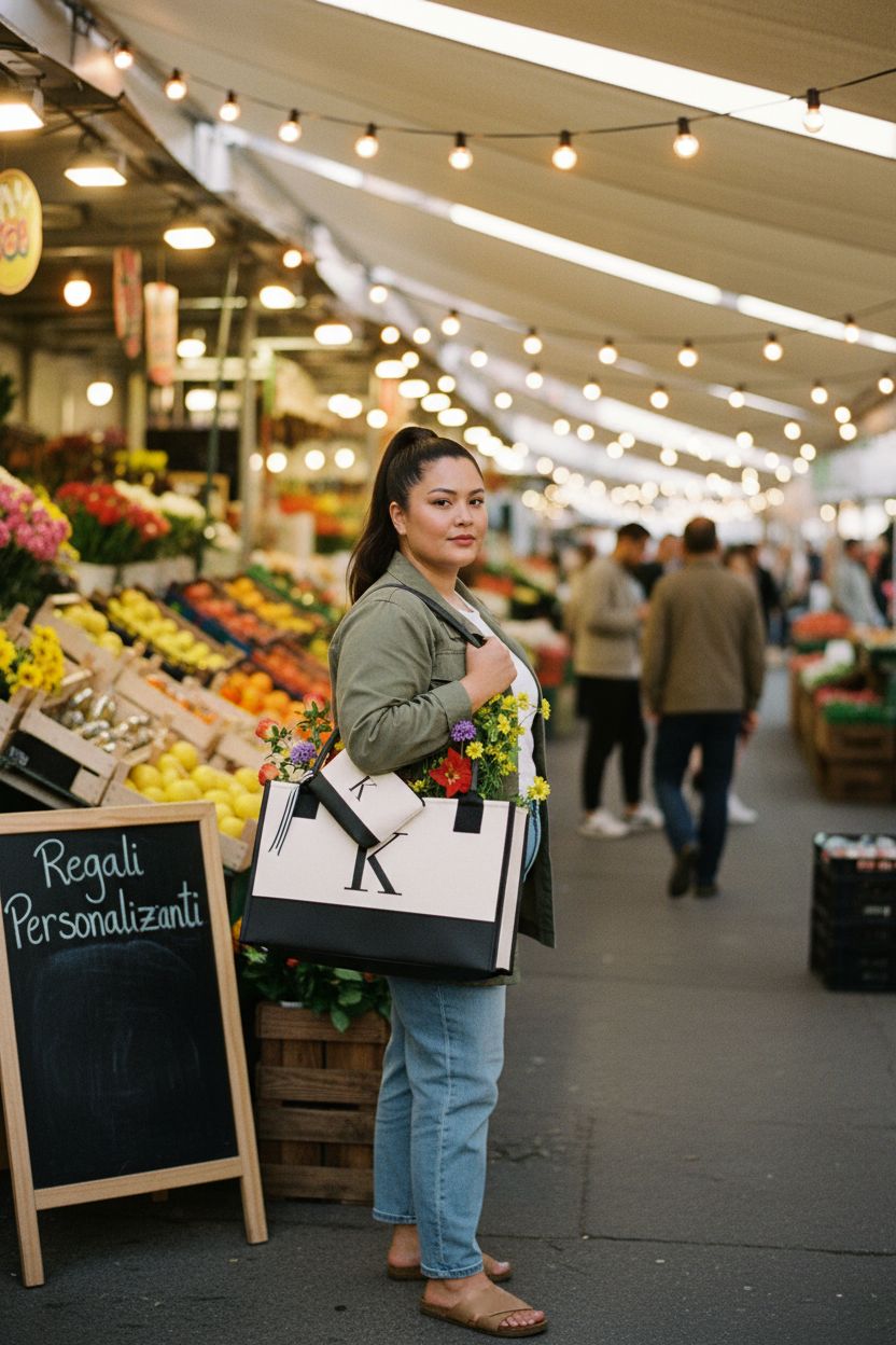 OATALY Monogrammed Canvas Tote Bag in black and ivory at a vibrant market, showcasing its bold initials and matching pouch