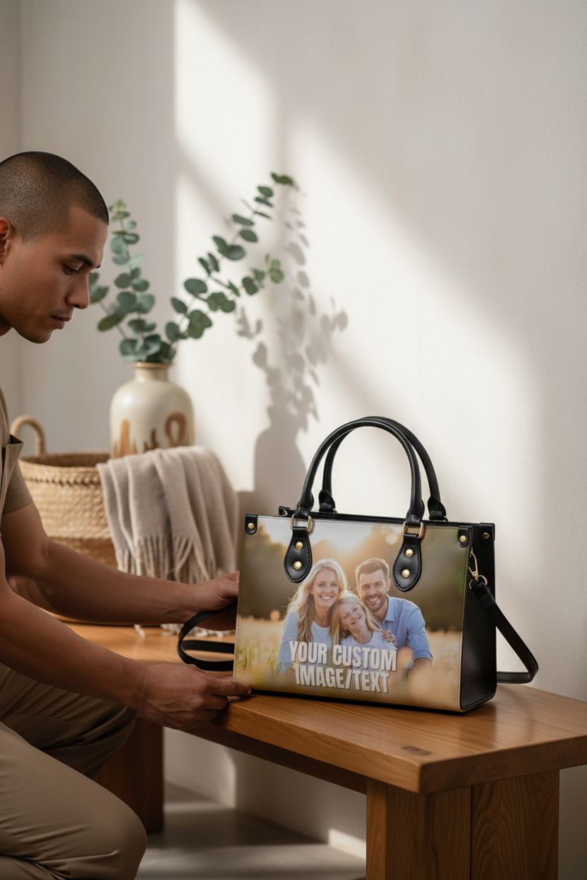 Personalized tote bag displayed on a warm oak bench, COZYAURA custom purse for her