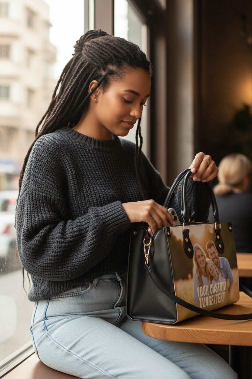 Stylish personalized leather handbag on a table, COZYAURA custom photo purse in use