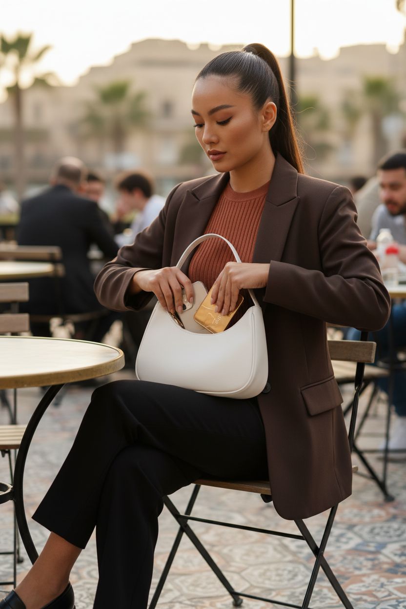 Beige WSRYDJDL cute hobo tote bag on a café patio, perfect for daily use or work