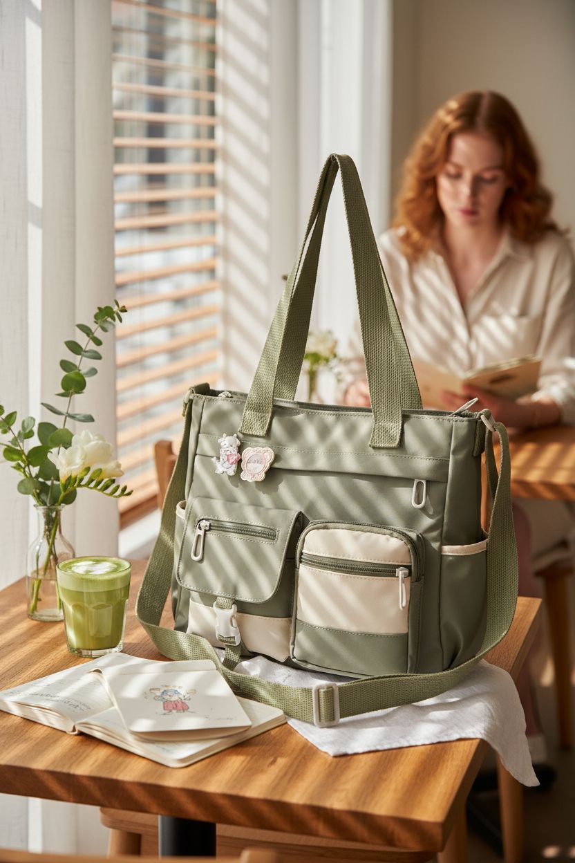 Phaoullzon crossbody bag resting at a sunlit cafe, ideal for stylish outings.