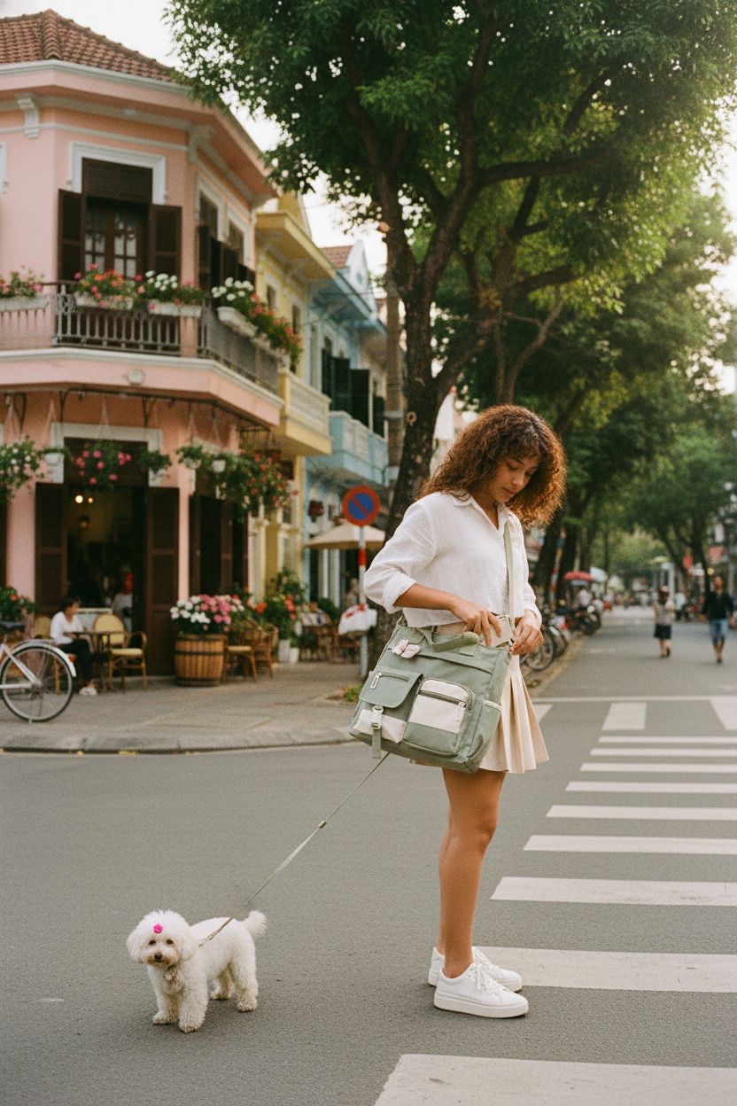 Sage-and-cream crossbody bag by Phaoullzon on a leafy street, perfect for teens.