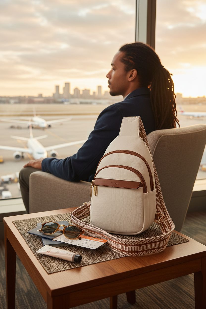 BOSTANTEN sling bag on a side table in an airport lounge, ideal for travel essentials.