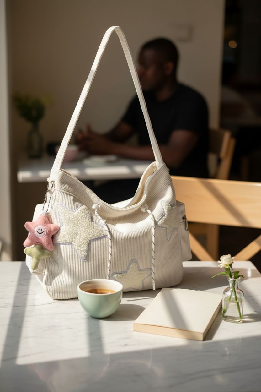 KAMEILONG Star Bag resting on a marble table, highlighting its chic corduroy texture and design.