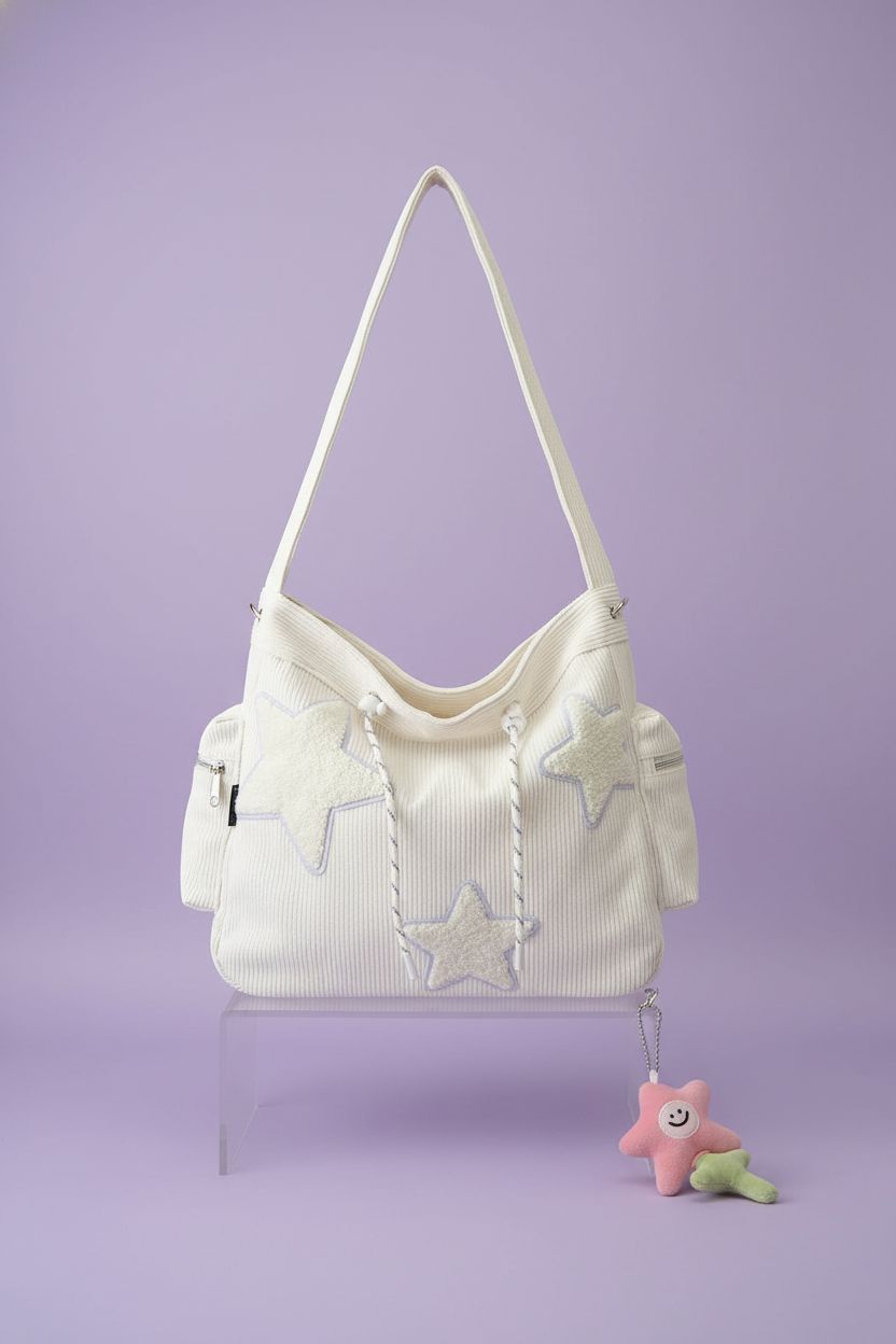 KAMEILONG Star Crossbody Bag on lavender backdrop, showcasing its stylish charm and corduroy fabric.