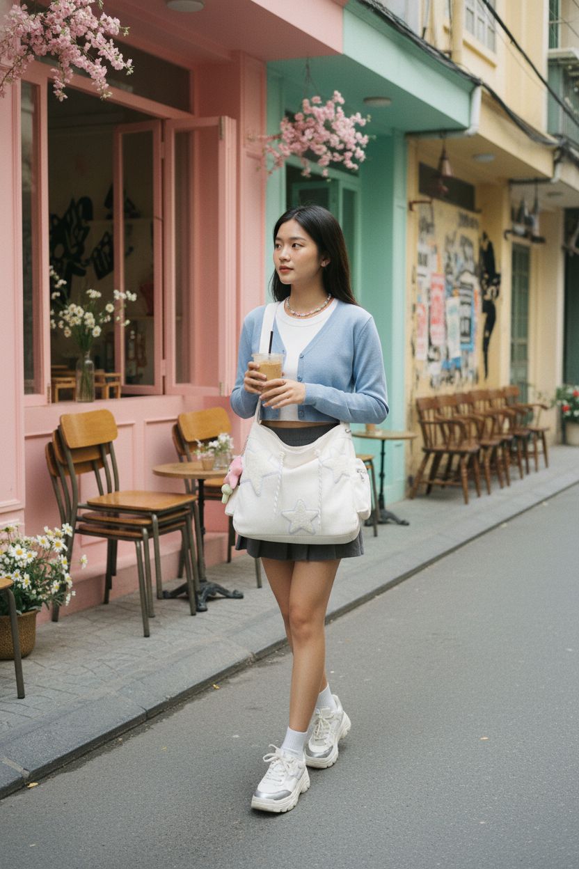 KAMEILONG White Corduroy Star Bag paired with trendy outfit, perfect for casual outings.