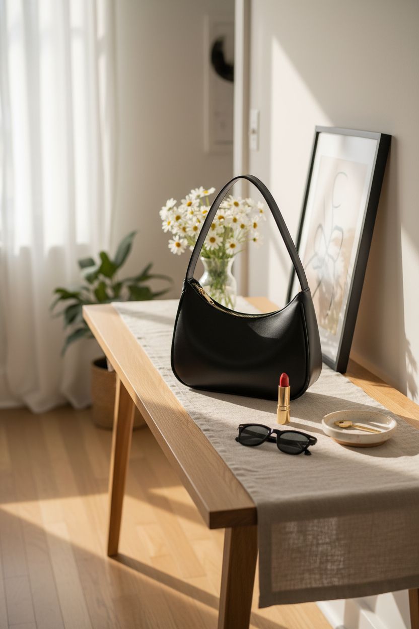 CYHTWSDJ black hobo bag styled in a sunlit apartment with fresh flowers and decor