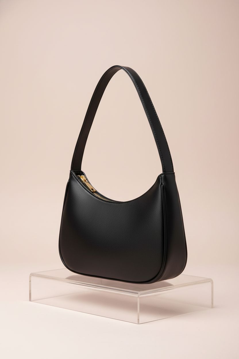 CYHTWSDJ black hobo bag displayed on blush backdrop, highlighting zipper and PU material