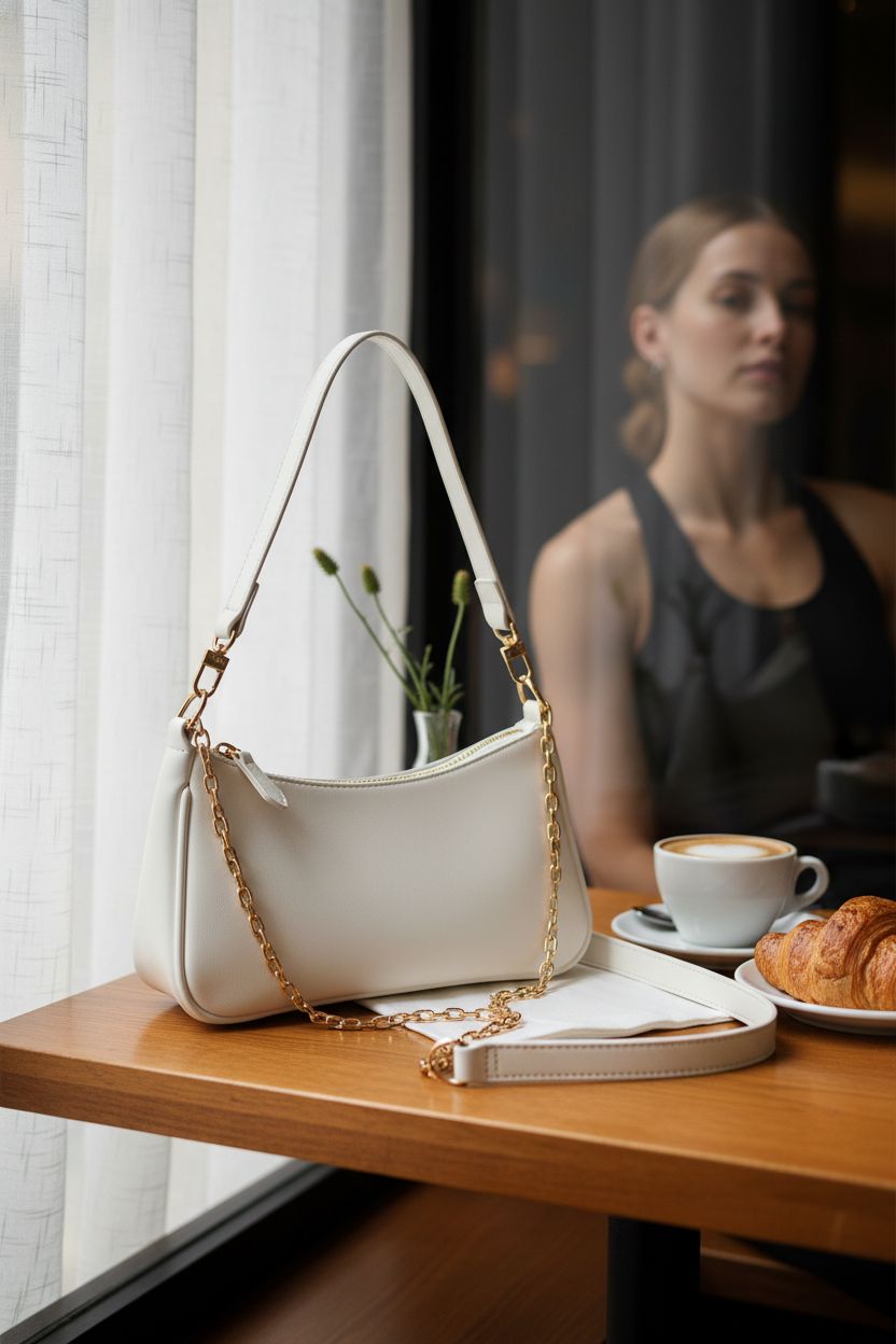 VODIU purse elegantly placed on a café table with coffee and croissant, exuding cozy vibes.