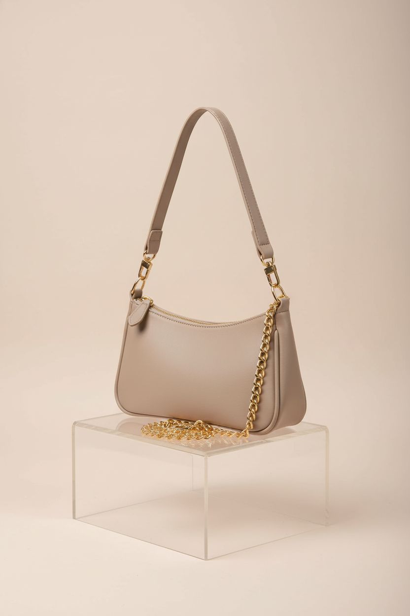 VODIU small purse on a clear riser, highlighting its versatile design and elegant material.