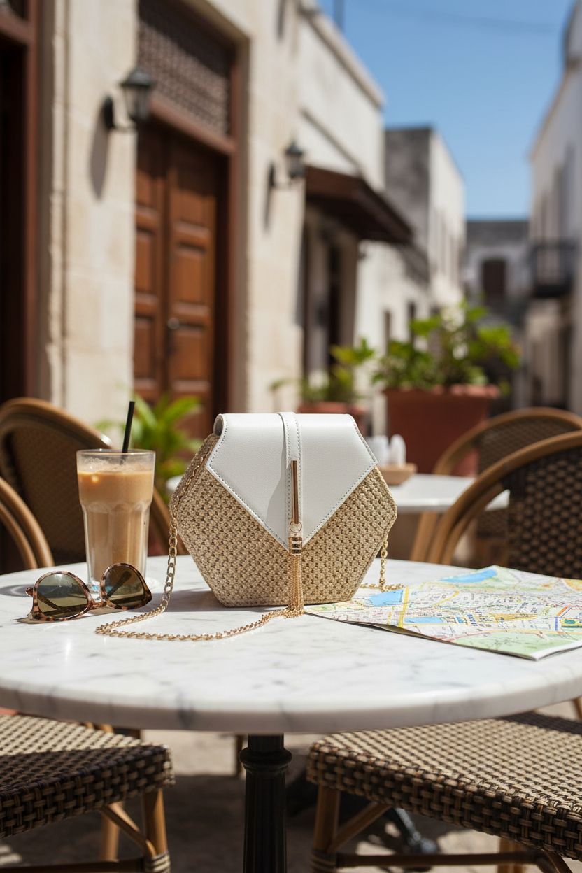 Bausweety cute straw shoulder bag on a café table, evoking summer relaxation.