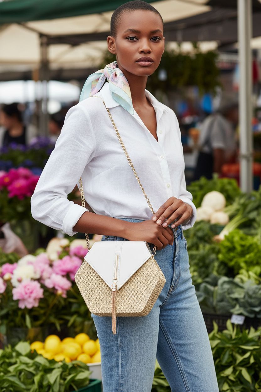 Bausweety cute straw shoulder bag at a vibrant market, perfect for summer outings.