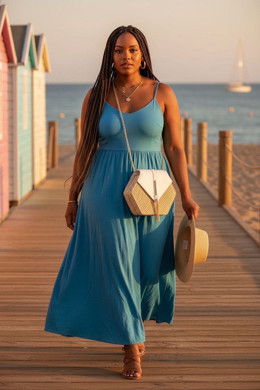 Bausweety cute straw shoulder bag on a sunny boardwalk, ideal for beach days.