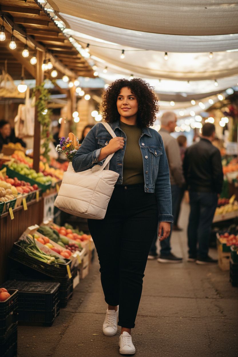 BAGSMART beige puffy tote bag with bouquet and baguette at a market