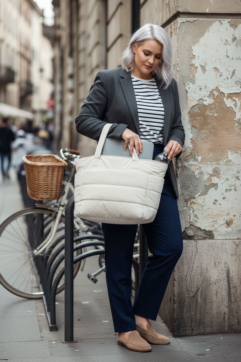 BAGSMART lightweight beige tote bag with water bottle and laptop at café