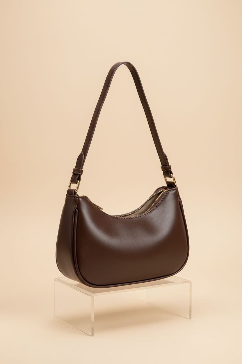 Neywry dark brown crescent bag displayed elegantly, highlighting its design details.