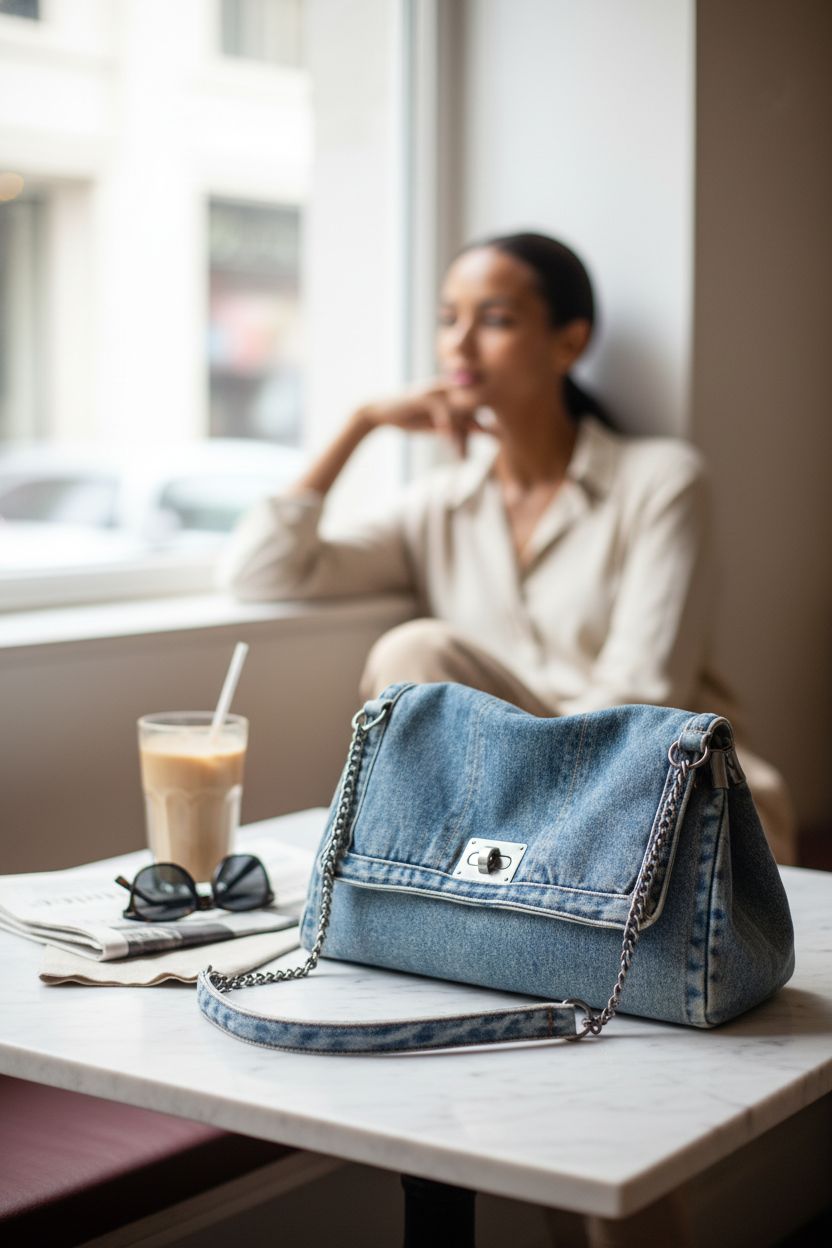 KlaOYer light blue denim handbag on a marble table in a cozy café