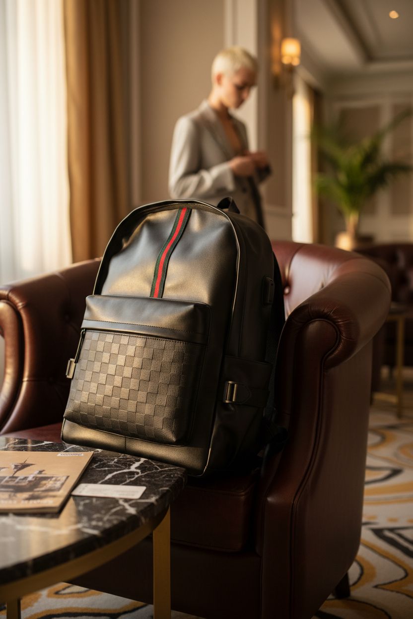 WDEKDAI leather backpack beside club chair in boutique hotel, perfect for travelers
